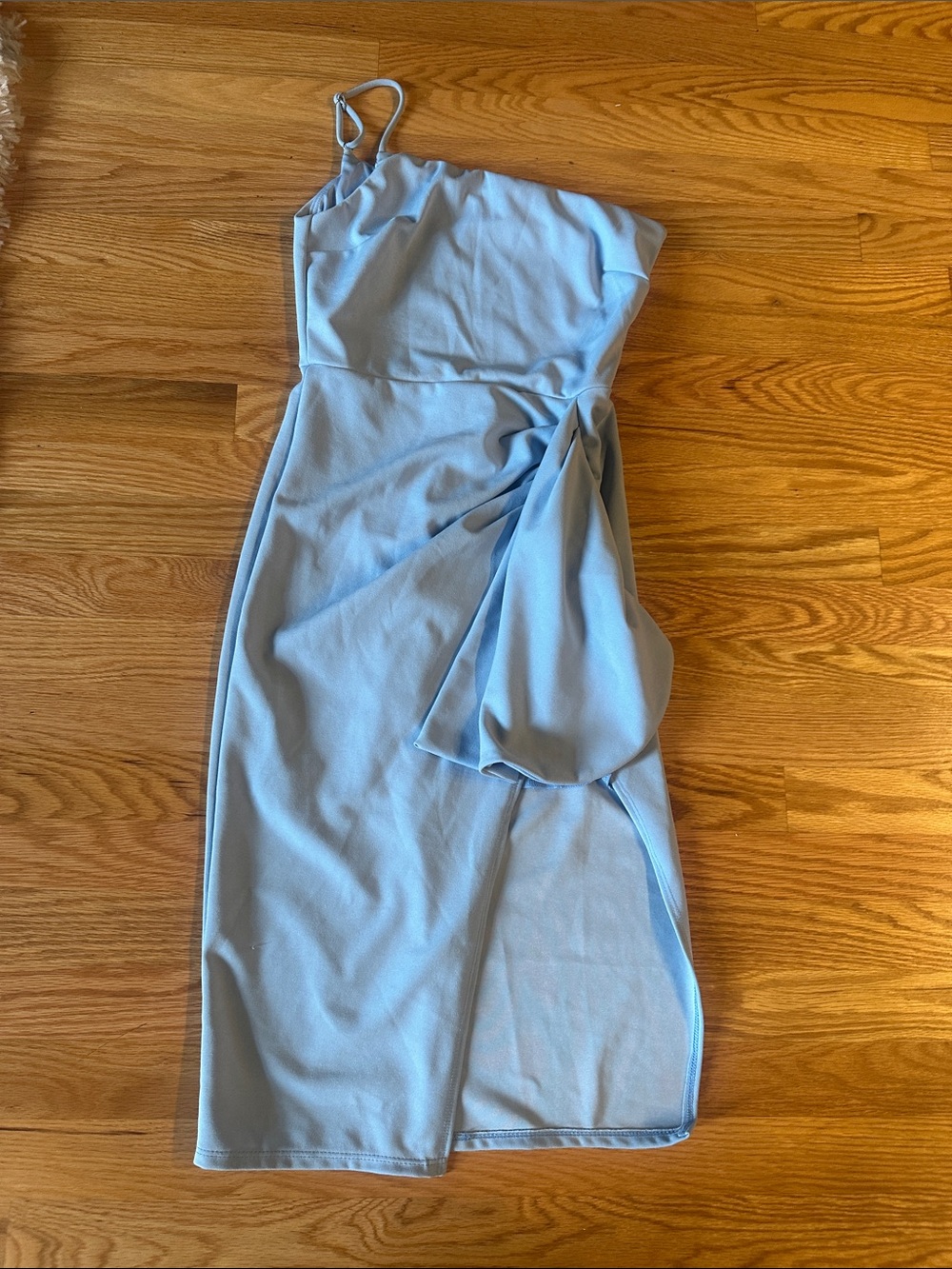 Fashion Nova Pale Blue One-Shoulder Midi Dress with Side Draped Detail